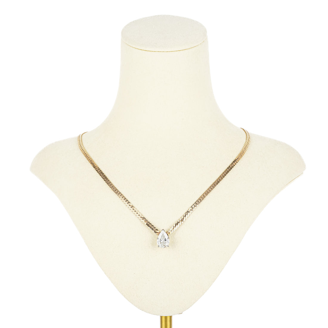 14K Yellow Gold And White Gold Pear Shaped Diamond Solitaire Herringbone Chain Necklace