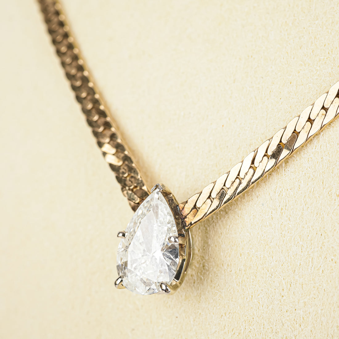 14K Yellow Gold And White Gold Pear Shaped Diamond Solitaire Herringbone Chain Necklace