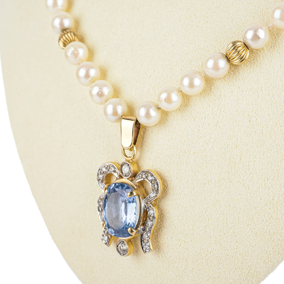 14K Yellow Sapphire Diamond Pendant Pearl Necklace