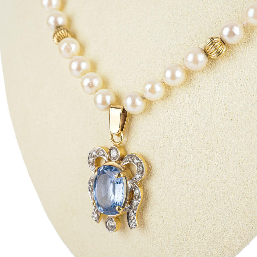 14K Yellow Sapphire Diamond Pendant Pearl Necklace