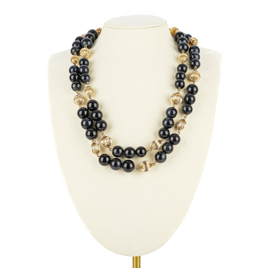 14K Yellow Gold Bead & White Banded Black Onyx Bead Necklace