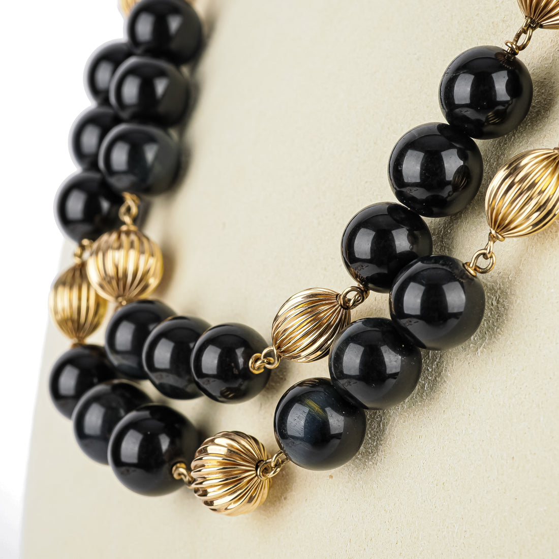 14K Yellow Gold Bead & White Banded Black Onyx Bead Necklace
