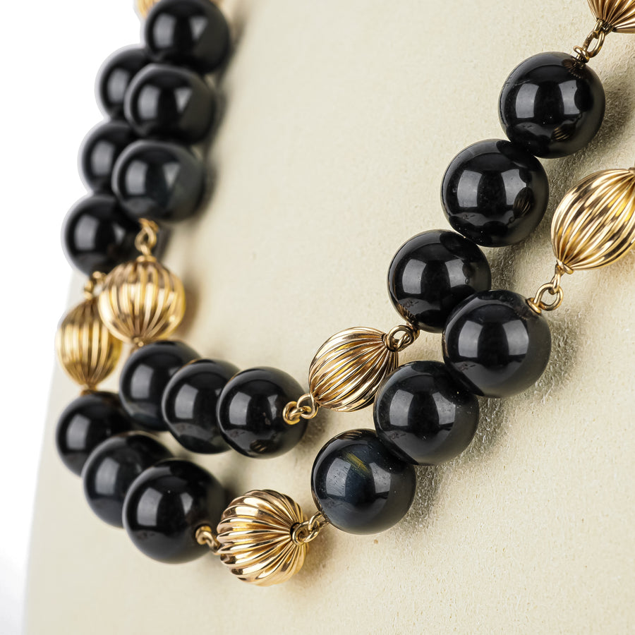 14K Yellow Gold Bead & White Banded Black Onyx Bead Necklace