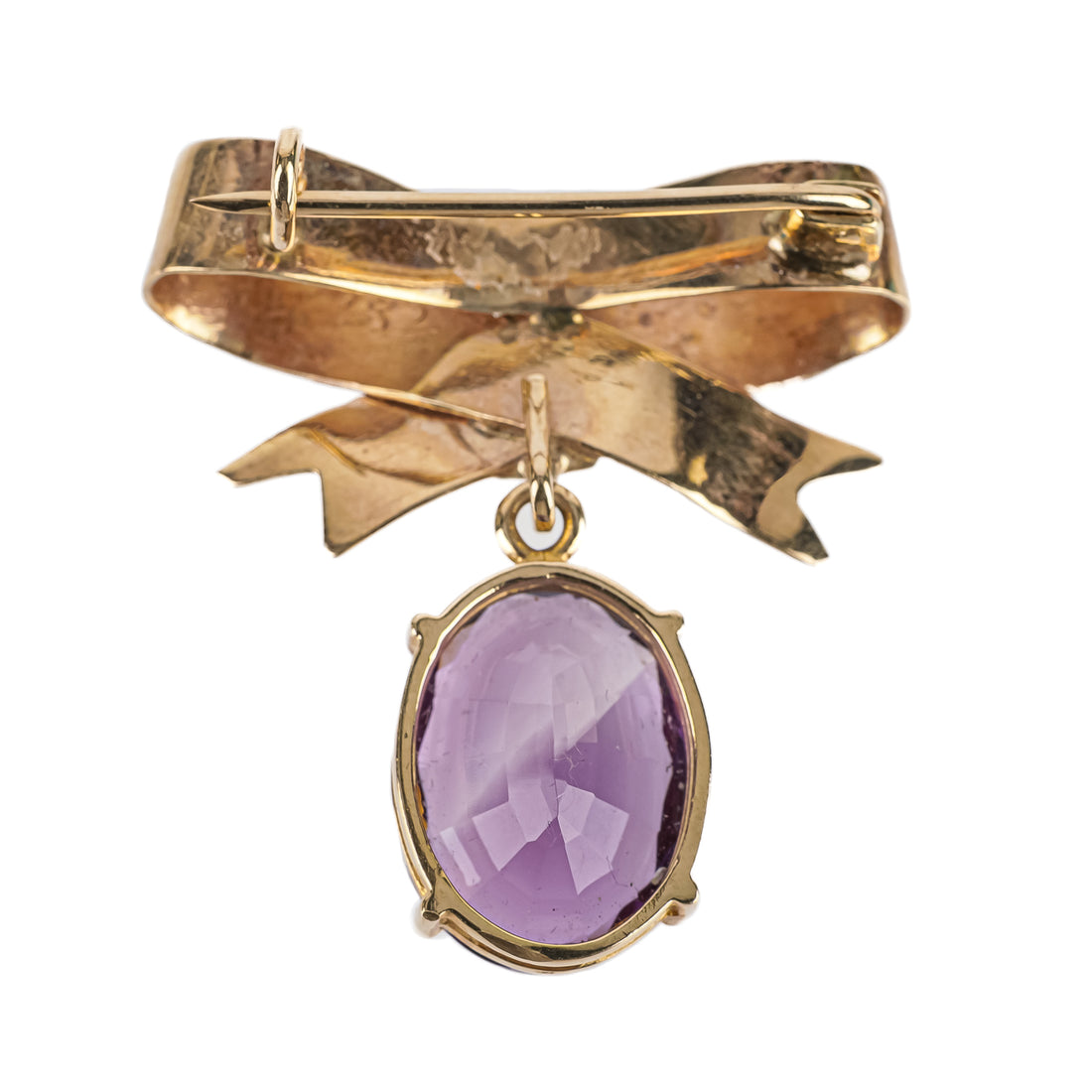 14K Yellow Gold Oval Amethyst Bow Brooch