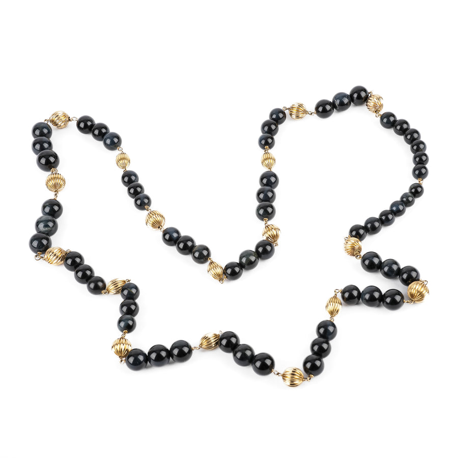 14K Yellow Gold Bead & White Banded Black Onyx Bead Necklace