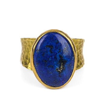 19K Yellow Gold Oval Lapis Cabochon Textured Ring