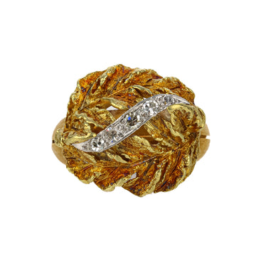 18K Yellow Gold Diamond Leaf Ring