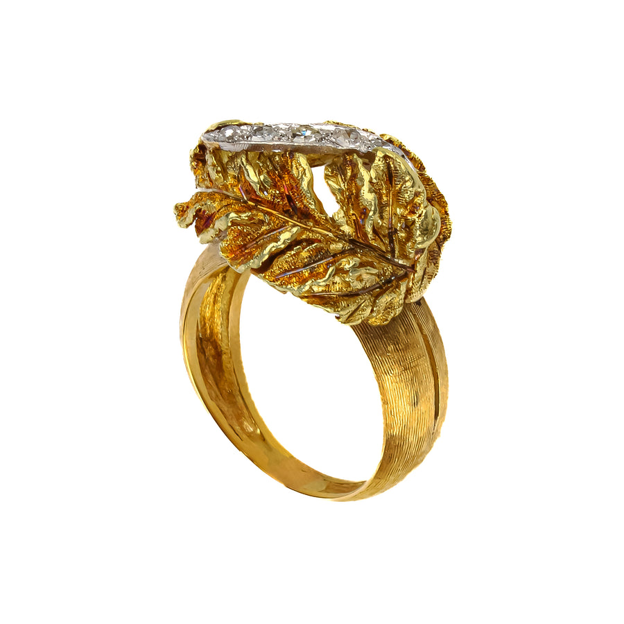 18K Yellow Gold Diamond Leaf Ring