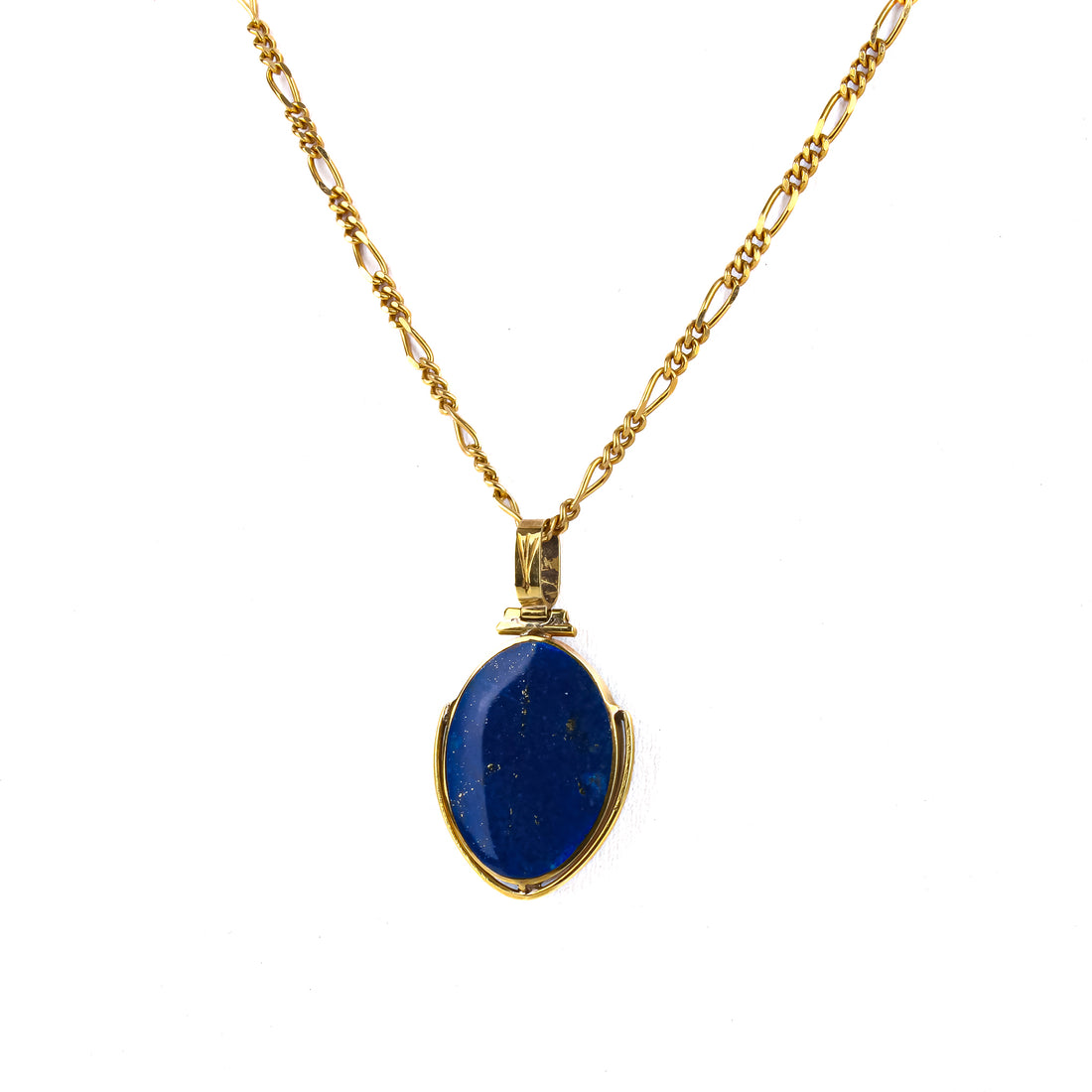 14K 18K Yellow Gold Oval Lapis Lazuli & Malachite Reversible Pendant Necklace