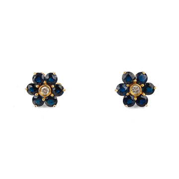 14K Yellow Gold Sapphire & Diamond Flower Cluster Stud Earrings