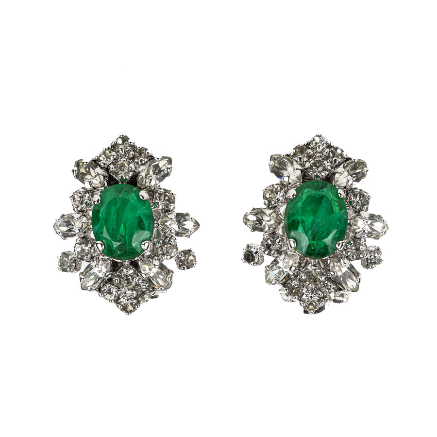 BE COOK London Silver Tone Faux Emerald & Rhinestone Clip Earrings