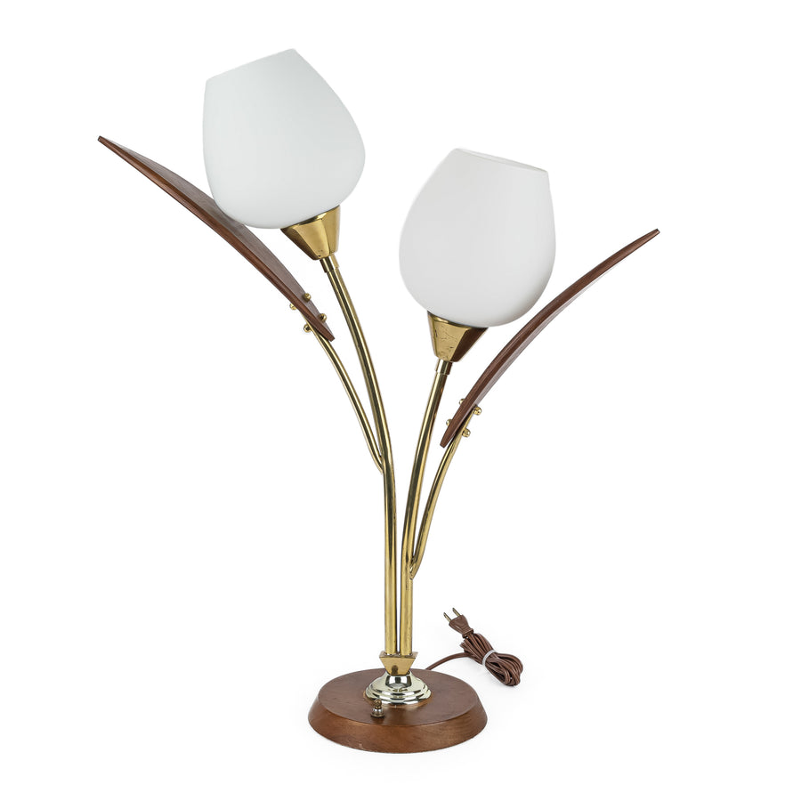KANE BROS Vintage Brass Finish & Wood Tulip Lamp