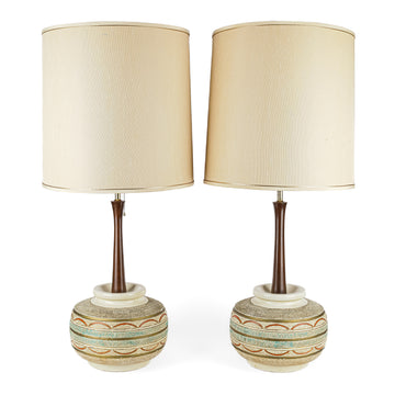 PAIR Vintage Ceramic & Walnut Lamps w/Shades
