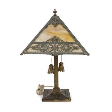 Vintage Cast Metal Lamp w/Slag Glass Shade