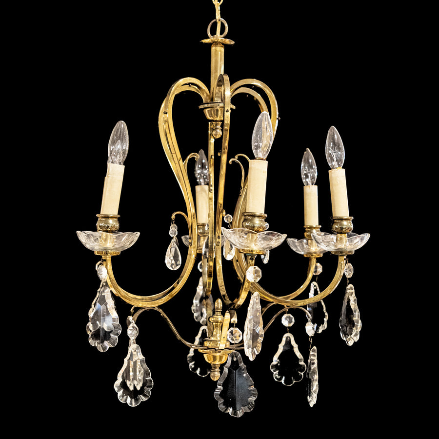 Brass & Crystal 6 Light Chandelier With Drops