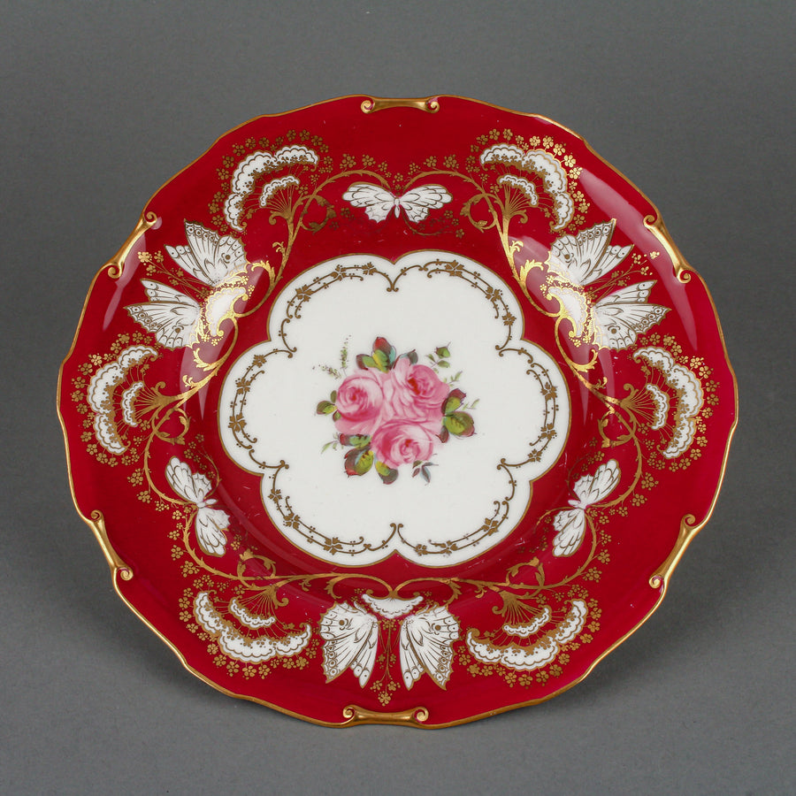 ROYAL CROWN DERBY 6418 Red Hand-Painted Roses Luncheon Plates - Set of 10