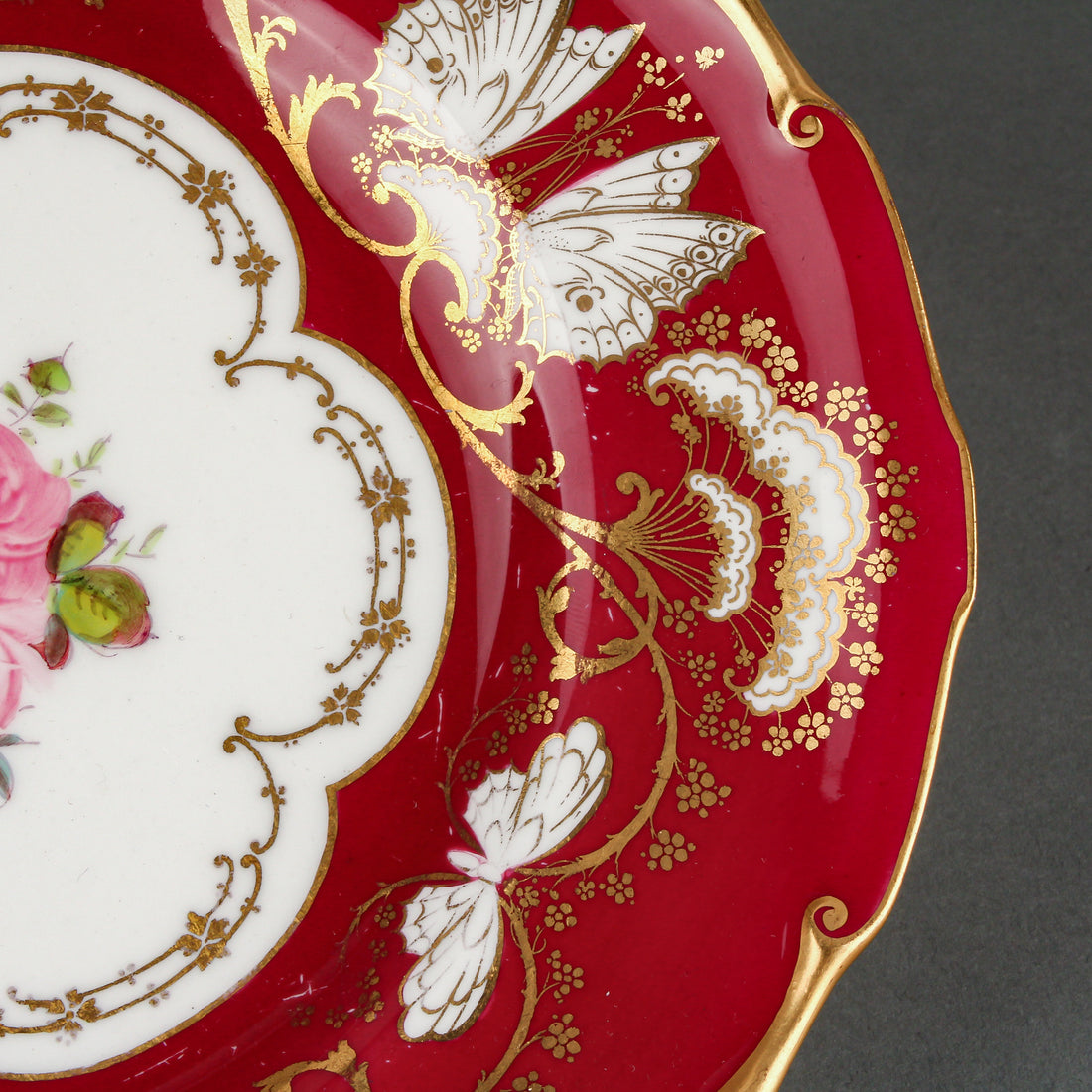 ROYAL CROWN DERBY 6418 Red Hand-Painted Roses Luncheon Plates - Set of 10