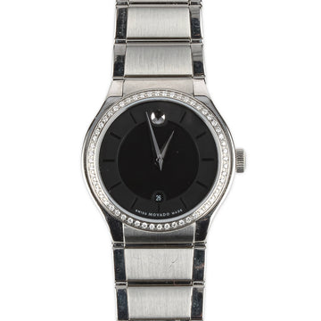 MOVADO Quadro Stainless Steel Diamond Black Dial Ladies Watch 30mm