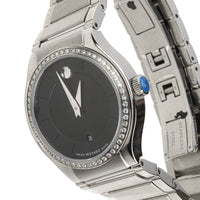 MOVADO Quadro Stainless Steel Diamond Black Dial Ladies Watch 30mm
