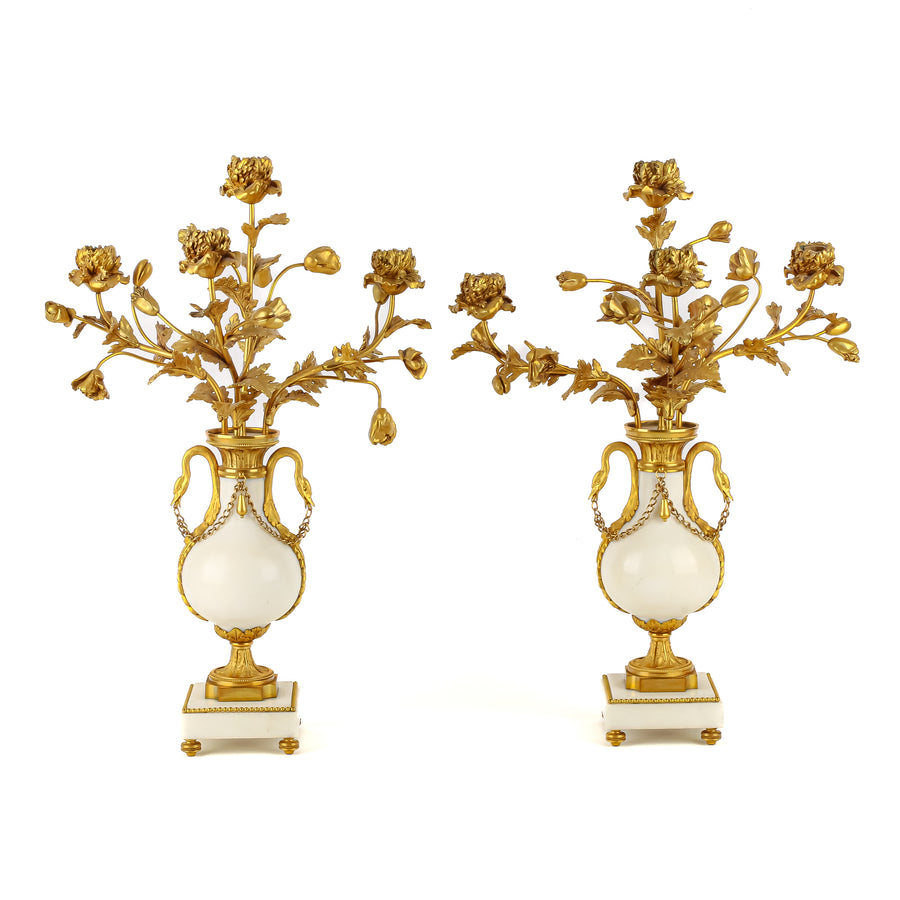 Marble & Bronze Ormolu Louis XVI Style Candelabras - Set of 2