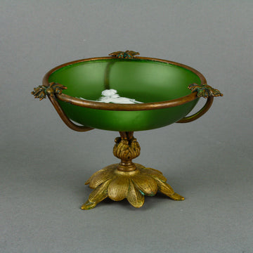 MARY GREGORY Green Glass Dish with Brass Mount Stand