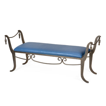 Painted Steel Bench with Blue Faux Leather Upholstery