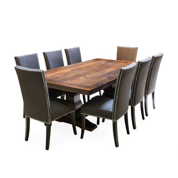Pine Trestle Dining Table & 8 Nailhead Parsons Chairs