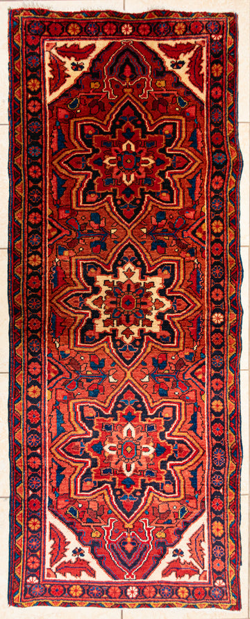 Hand Knotted Wool Heriz Persian Runner   85"x32"