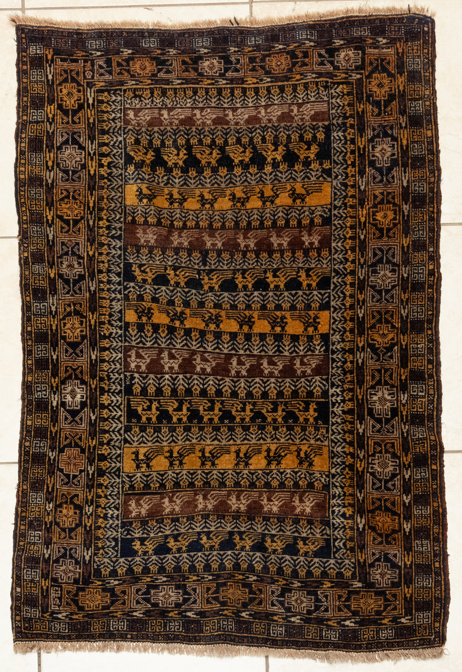 Hand-Knotted Wool Baluch Rug 4'1" x 2'10"