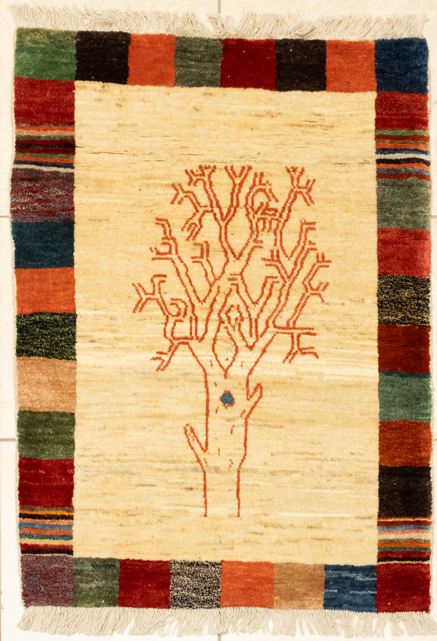 Hand-Knotted Wool Gabbeh Tree of Life Rug 4' x 2'9"