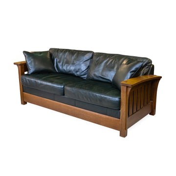STICKLEY Fayetteville Mission Oak Sofa Bed - Dark Green Leather