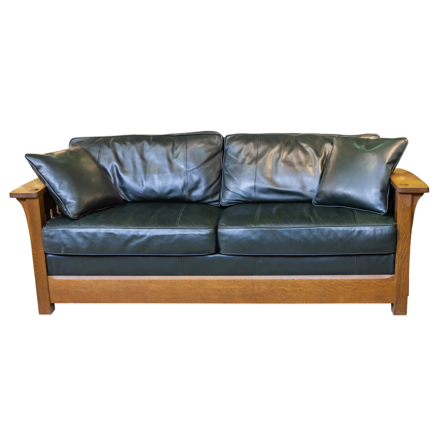 STICKLEY Fayetteville Mission Oak Sofa Bed - Dark Green Leather