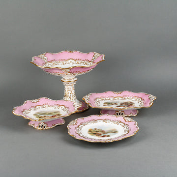 DAVENPORT Pink Band Hand-Painted Scenic Dessert Set