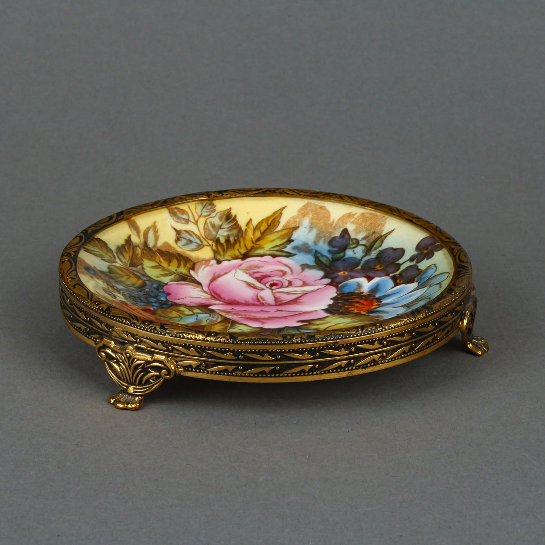 AYNSLEY Hand-Painted Cabbage Rose Floral Dish with Brass Mounts
