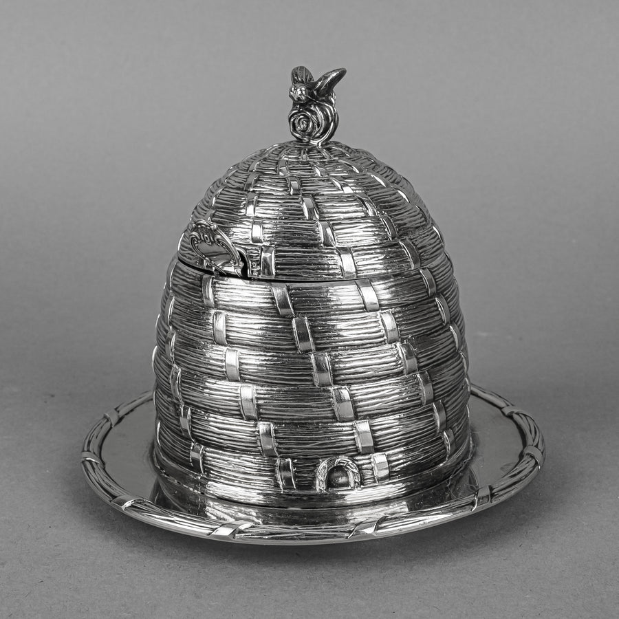 CORBELL & CO Silverplate Lidded Honey Pot w/Glass Insert & Spoon