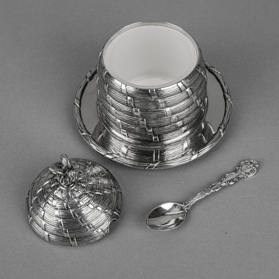 CORBELL & CO Silverplate Lidded Honey Pot w/Glass Insert & Spoon