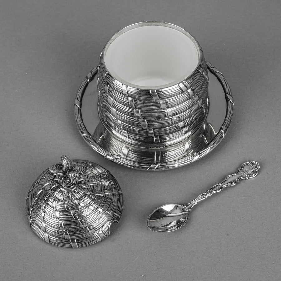 CORBELL & CO Silverplate Lidded Honey Pot w/Glass Insert & Spoon