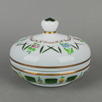 BOHEMIA Hand Painted White Cased Green Cut To Clear Round Covered Bowl