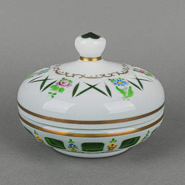 BOHEMIA Hand Painted White Cased Green Cut To Clear Round Covered Bowl