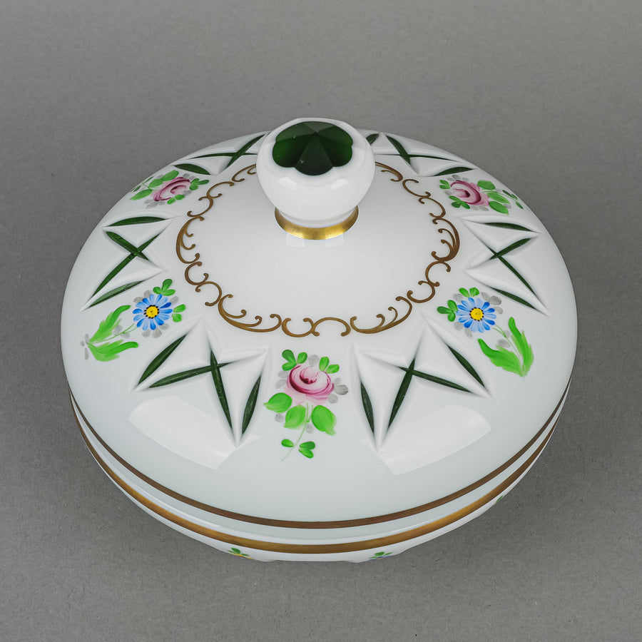 BOHEMIA Hand Painted White Cased Green Cut To Clear Round Covered Bowl