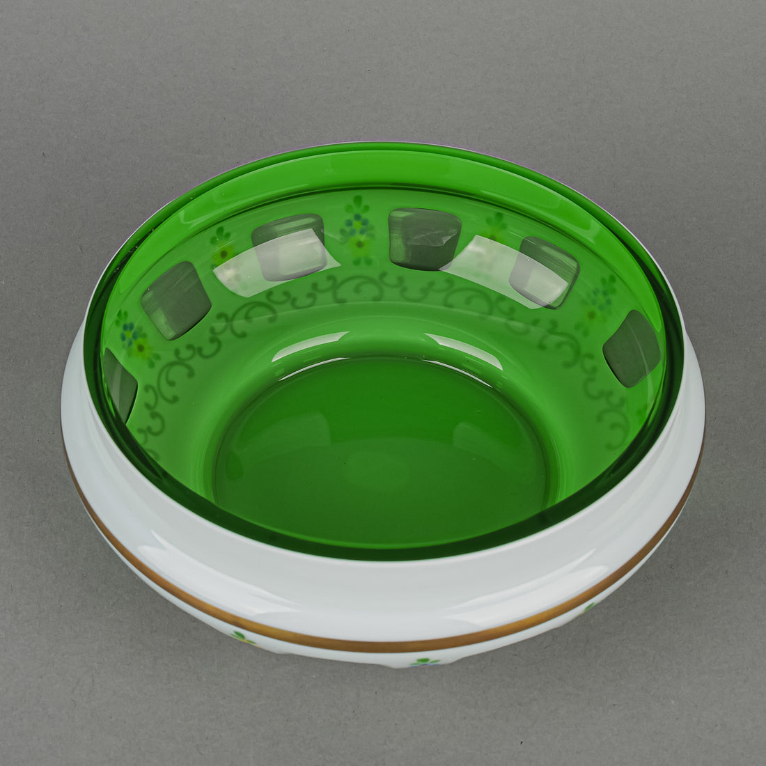 BOHEMIA Hand Painted White Cased Green Cut To Clear Round Covered Bowl