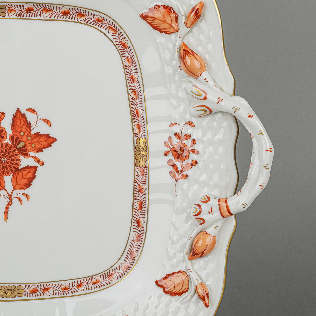 HEREND Chinese Bouquet Rust Cake Plate