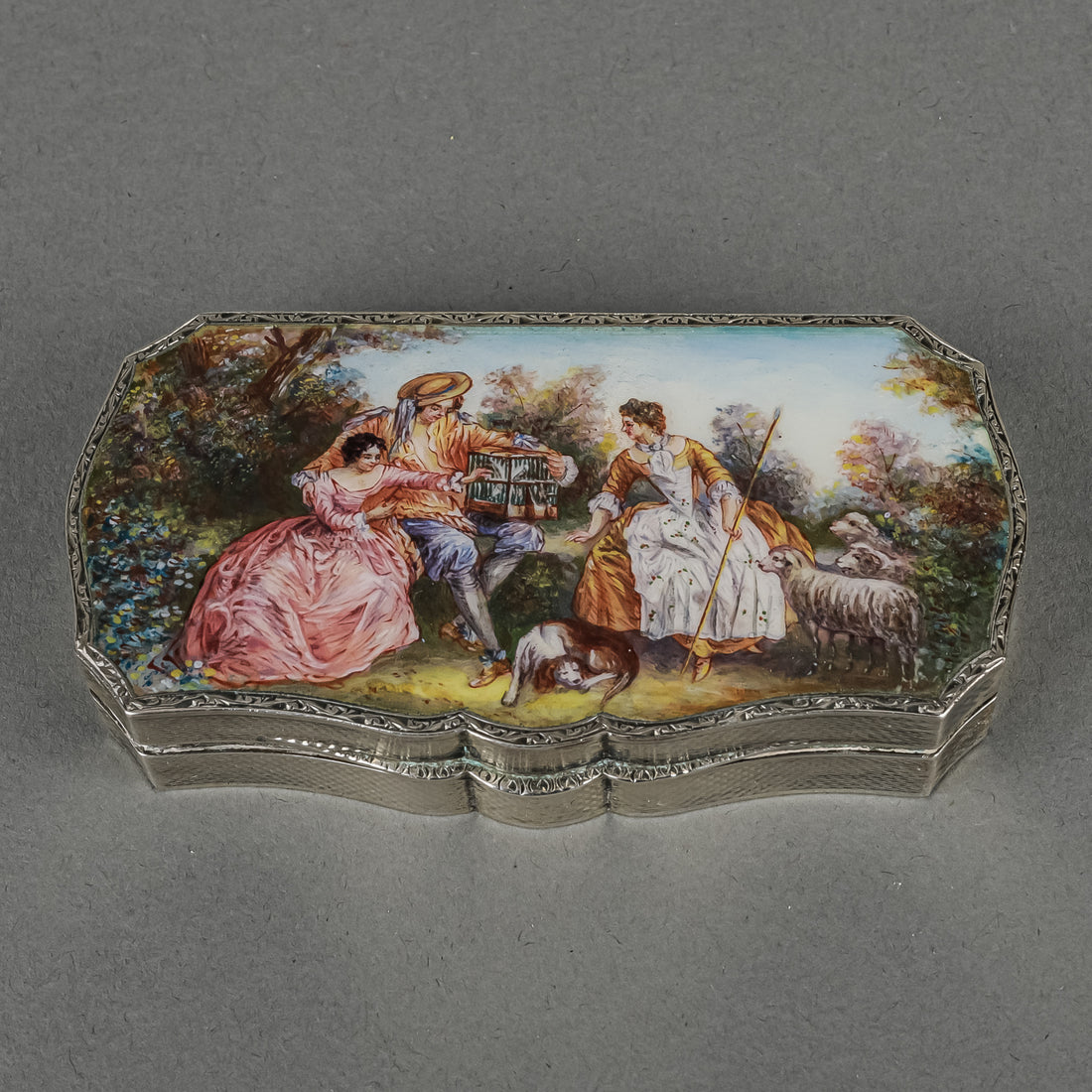 Sterling 935 Hand Painted Enamel Makeup Case - Pastoral Scene