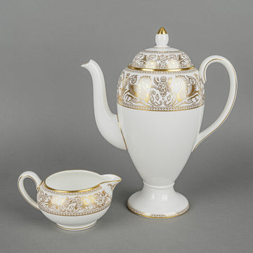 WEDGWOOD Gold Florentine W4219 Coffee Pot With Lid & Creamer