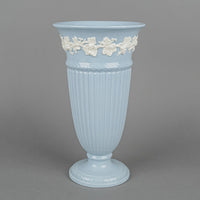 WEDGWOOD White On Blue Embossed Queens Ware Trumpet Vase