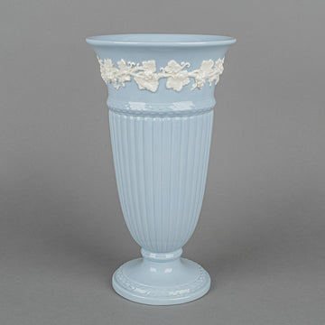 WEDGWOOD White On Blue Embossed Queens Ware Trumpet Vase