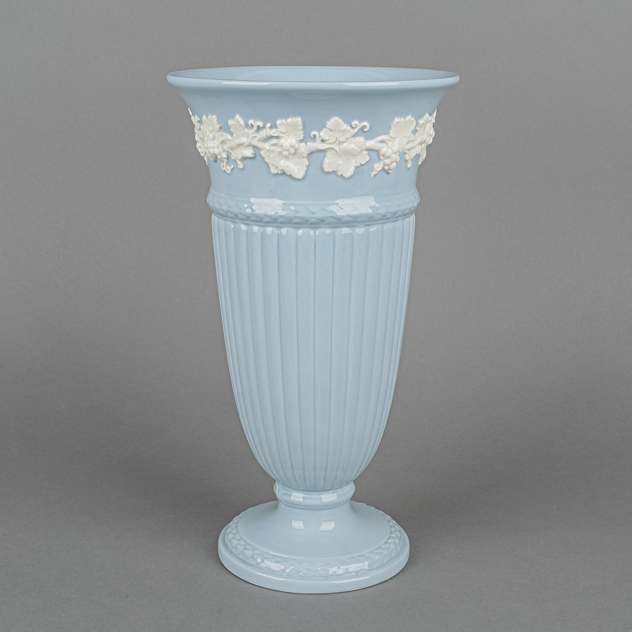 WEDGWOOD White On Blue Embossed Queens Ware Trumpet Vase