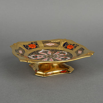 ROYAL CROWN DERBY Old Imari Solid Gold 1128 Footed Square Dish