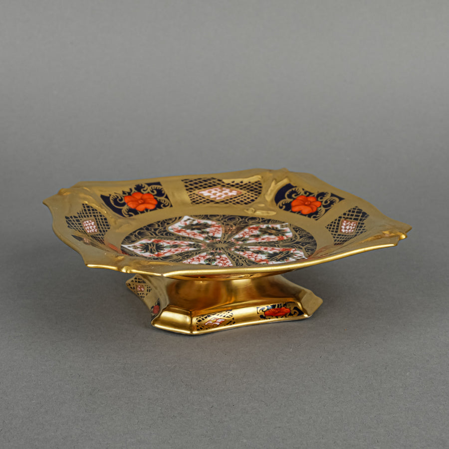 ROYAL CROWN DERBY Old Imari Solid Gold 1128 Footed Square Dish