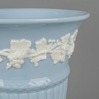 WEDGWOOD White On Blue Embossed Queens Ware Trumpet Vase